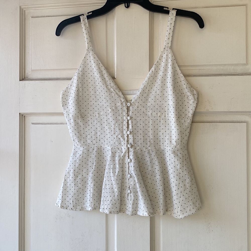 Line and Dot White Gray Polka Dot Pemplum Button Down Top Size S